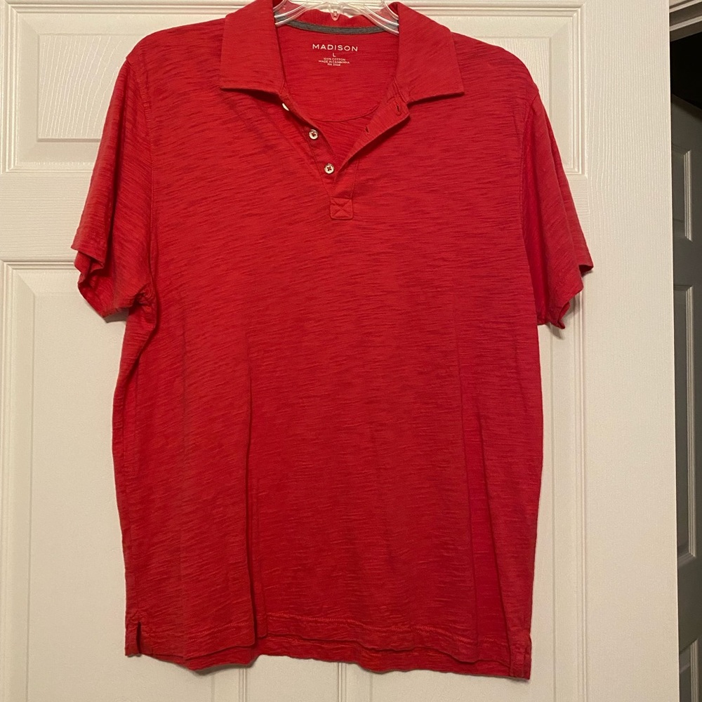 Madison brand polo style shirt heathered material dark pink color size large